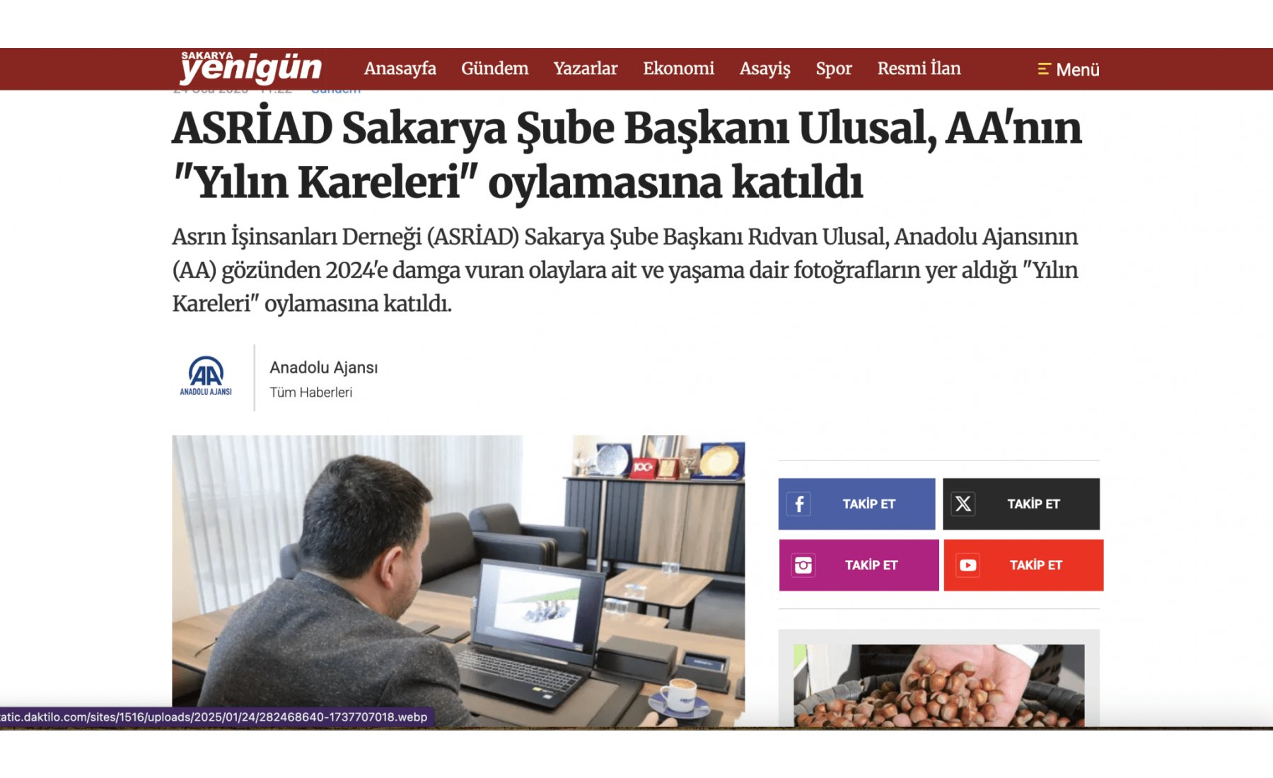 ASRİAD Sakarya Şube Başkanı Rıdvan Ulusal, AA’nın Yılın Kareleri oylamasına katılarak foto muhabirlerinin emeklerine destek verdi.